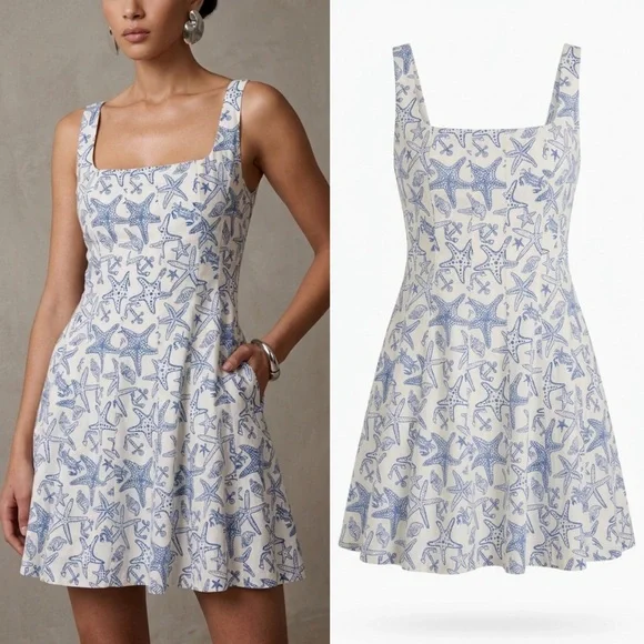 NWT Avec Les Filles Linen Blend Fit Flare Nautical Starfish Anchor Dress Size 2 - Picture 1 of 10